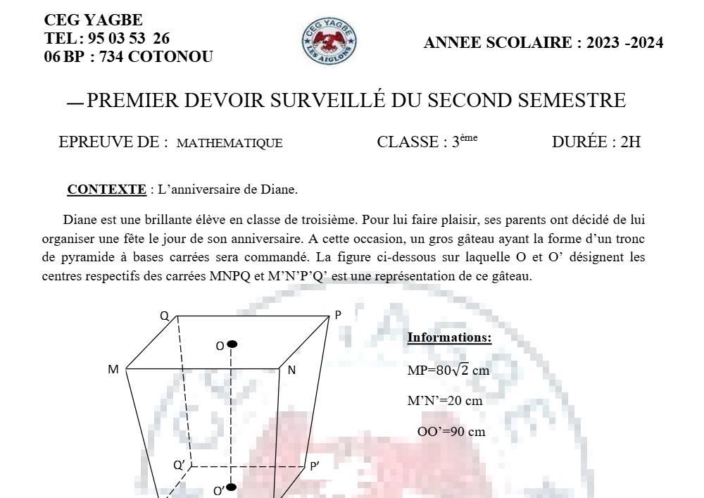 Aperçu de la première page — 3ème Mathématiques 1er Devoir 2ème Semestre de CEG Yagbe 2023 2024