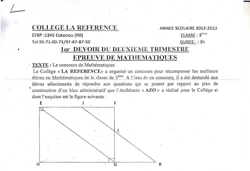 Aperçu de la première page — 3ème Mathématiques 1er Devoir 2ème Trimestre Collège La Reference 2012 2013
