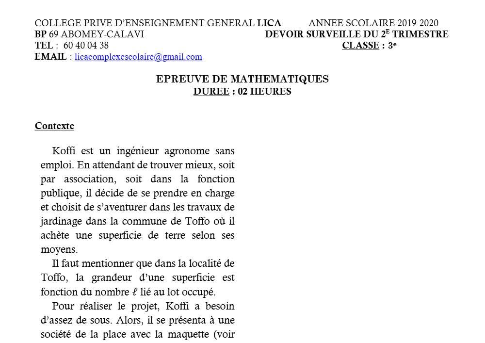 Aperçu de la première page — 3ème Mathématiques 1er Devoir 2ème Trimestre CPEG Lica 2019 2020