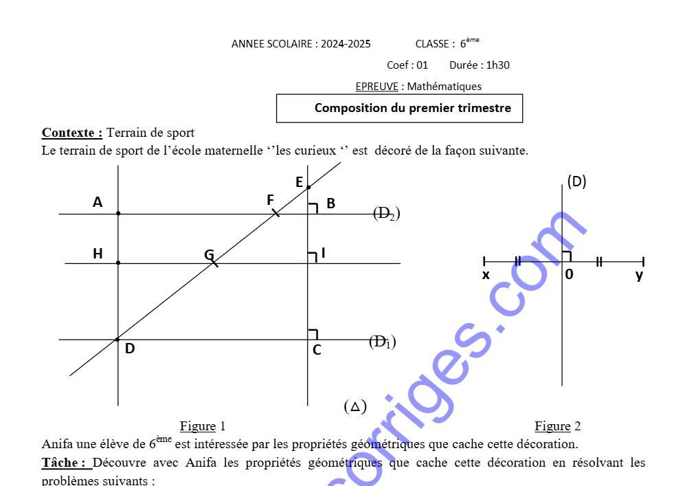 Aperçu de la première page — Epreuve de composition du 1er trimestre mathematiques 6ème 2024 2025