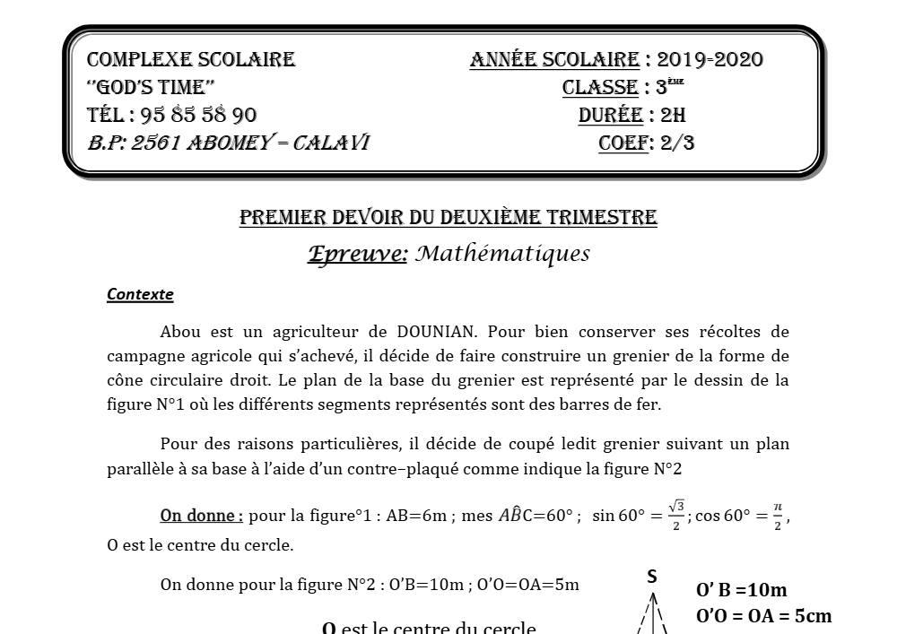 Aperçu de la première page — 3ème Mathématiques 1er Devoir 2ème Trimestre CS God'S Time 2019 2020