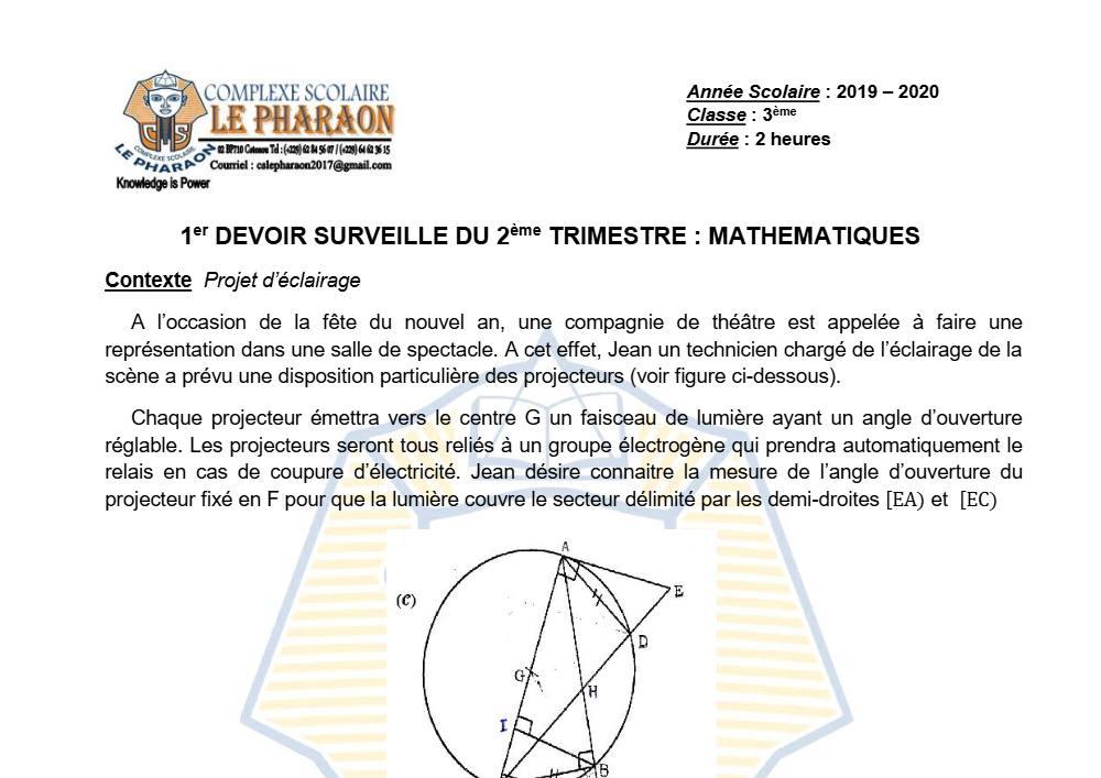 Aperçu de la première page — 3ème Mathématiques 1er Devoir 2ème Trimestre CS Le Pharaon 2019 2020