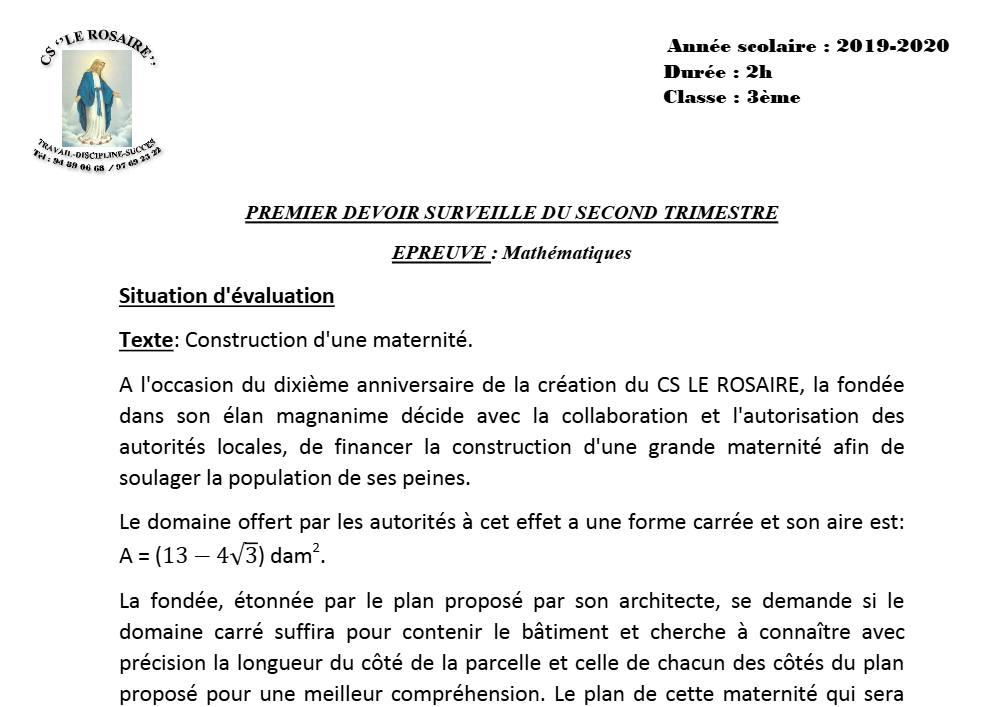 Aperçu de la première page — 3ème Mathématiques 1er Devoir 2ème Trimestre CS Le Rosaire 2019 2020