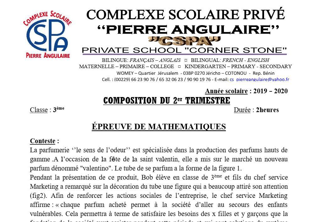 Aperçu de la première page — 3ème Mathématiques 1er Devoir 2ème Trimestre CS Pierre Angulaire 2019 2020
