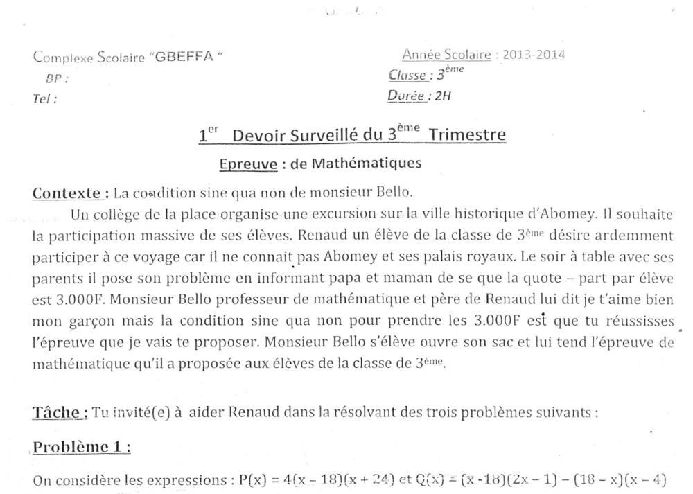 Aperçu de la première page — 3ème Mathématiques 1er Devoir 3ème Trimestre CS Gbeffa 2013 2014