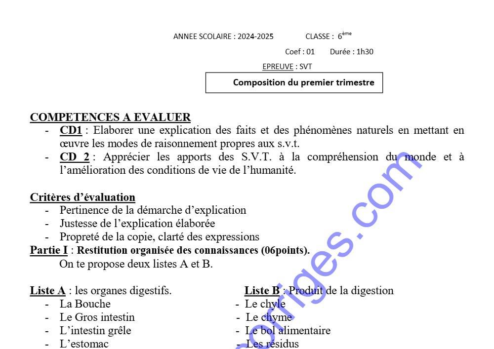 Aperçu de la première page — Epreuve de composition du 1er trimestre svt 6ème 2024 2025