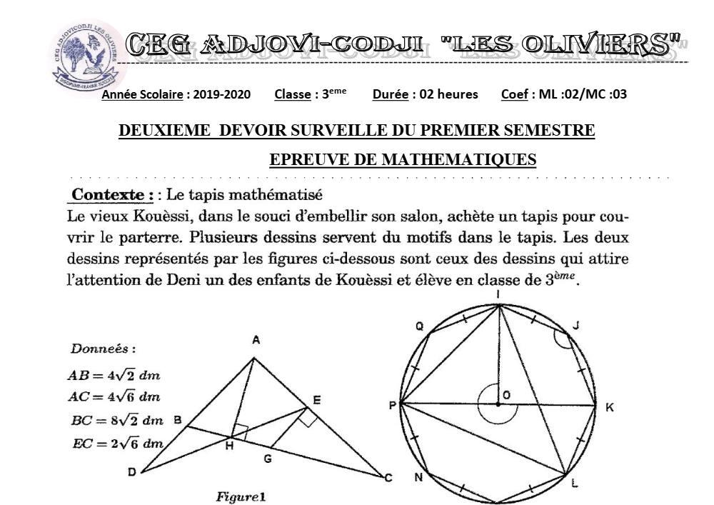 Aperçu de la première page — 3ème Mathématiques 2ème Devoir 1er Semestre CEG Adjovi Codji 2019 2020