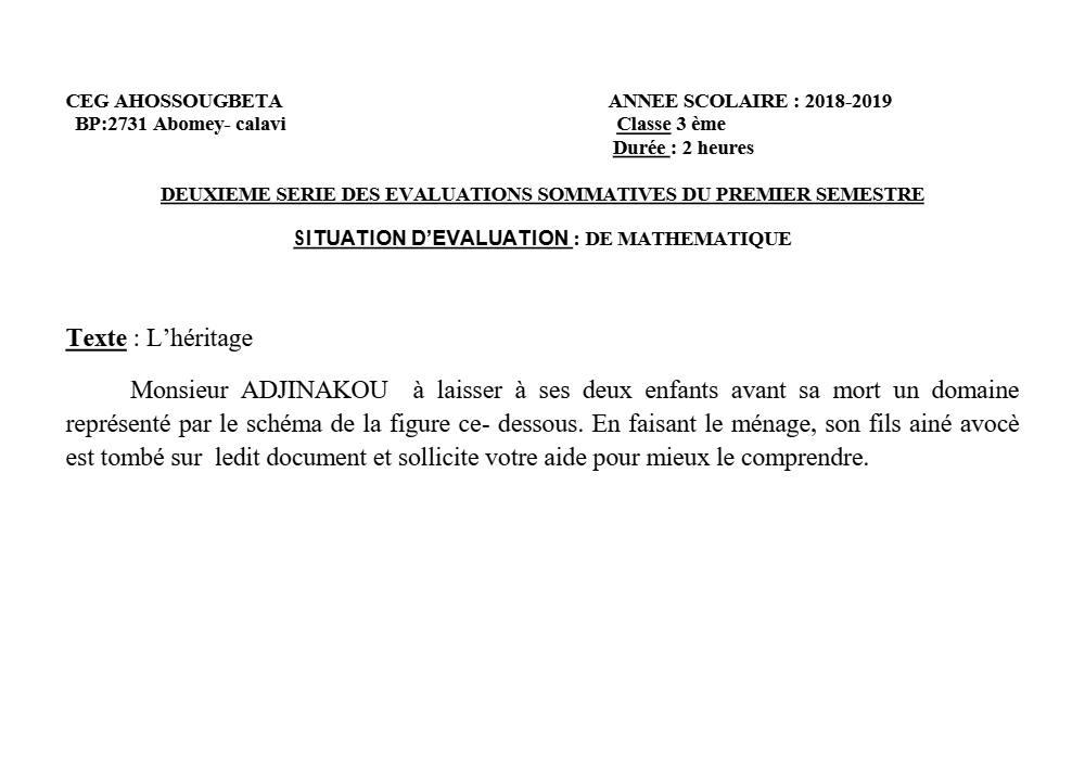 Aperçu de la première page — 3ème Mathématiques 2ème Devoir 1er Semestre CEG Ahossougbéta 2018 2019
