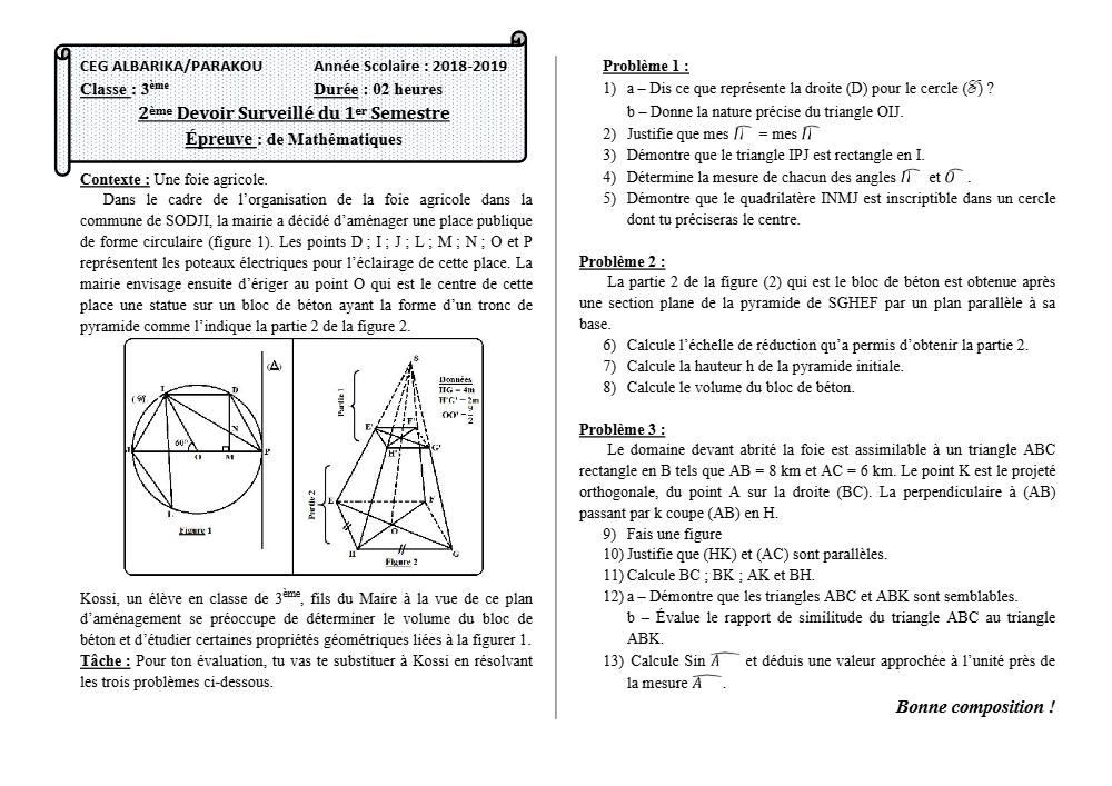 Aperçu de la première page — 3ème Mathématiques 2ème Devoir 1er Semestre CEG Albarika 2018 2019