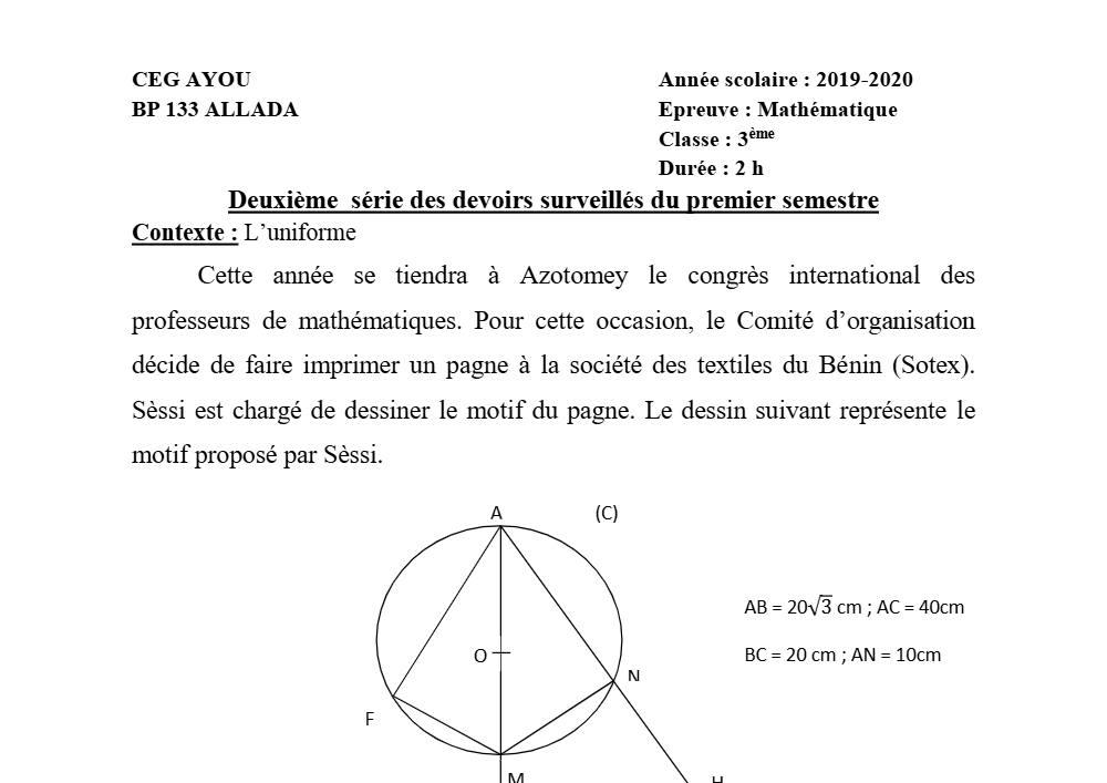 Aperçu de la première page — 3ème Mathématiques 2ème Devoir 1er Semestre CEG Ayou 2019 2020