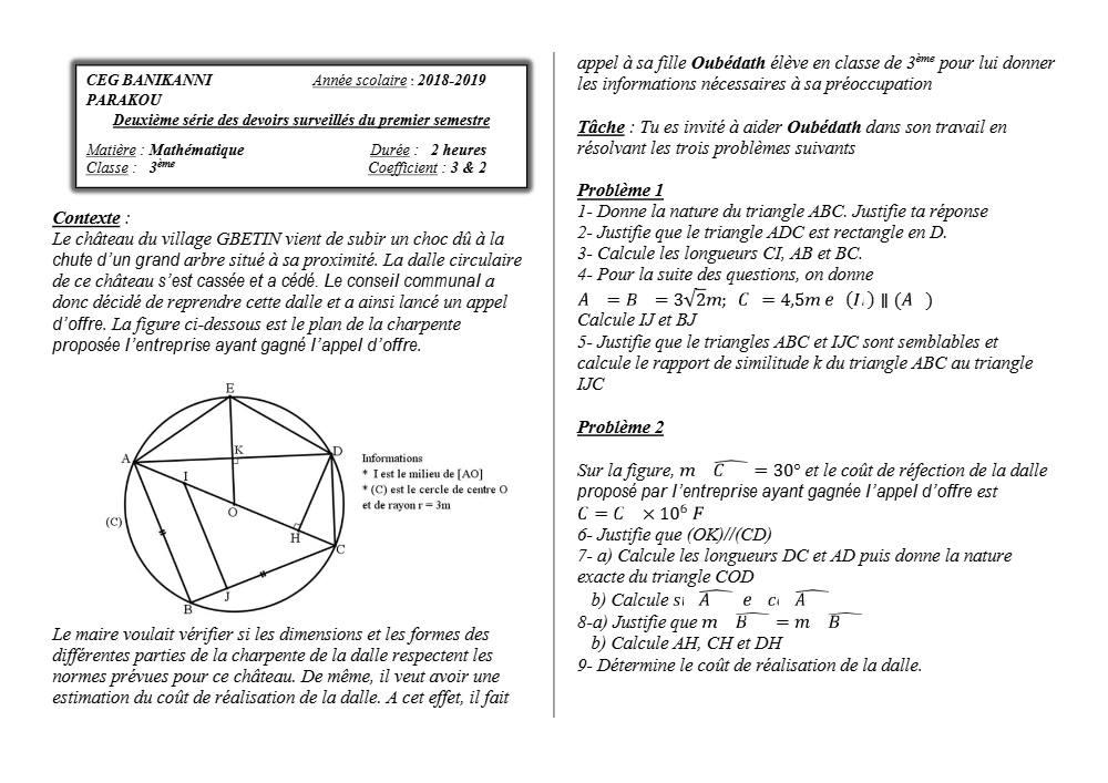 Aperçu de la première page — 3ème Mathématiques 2ème Devoir 1er Semestre CEG Banikanni 2018 2019
