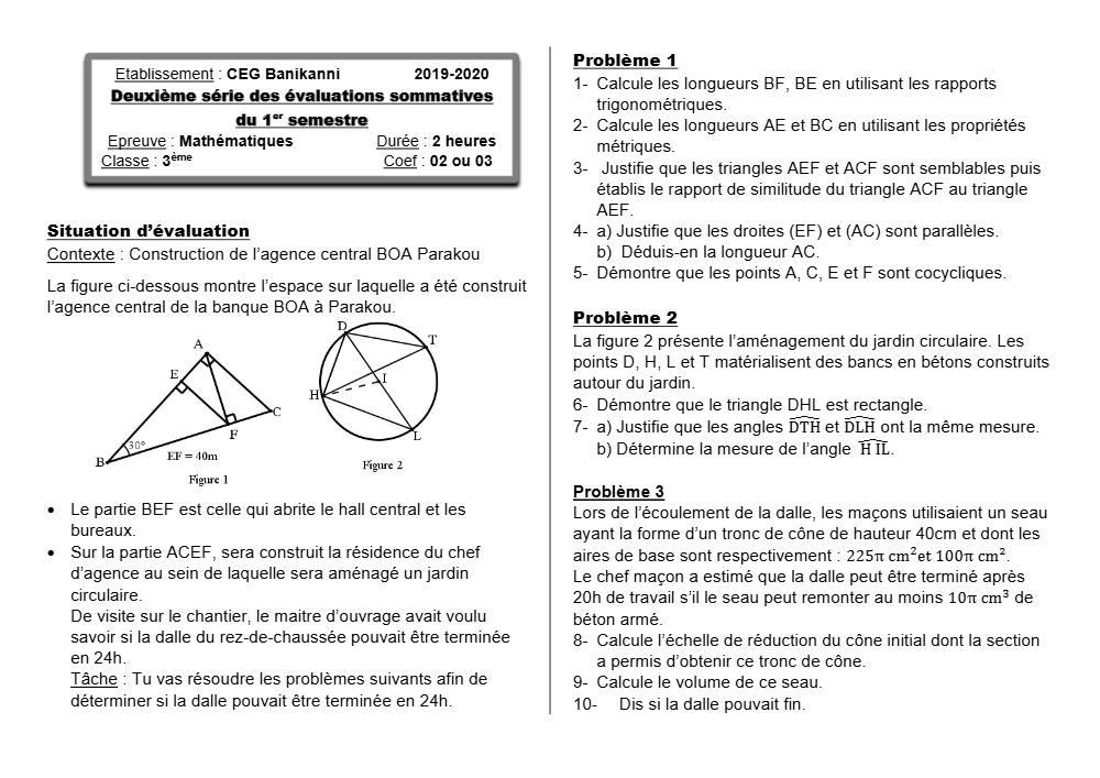 Aperçu de la première page — 3ème Mathématiques 2ème Devoir 1er Semestre CEG Banikanni 2019 2020