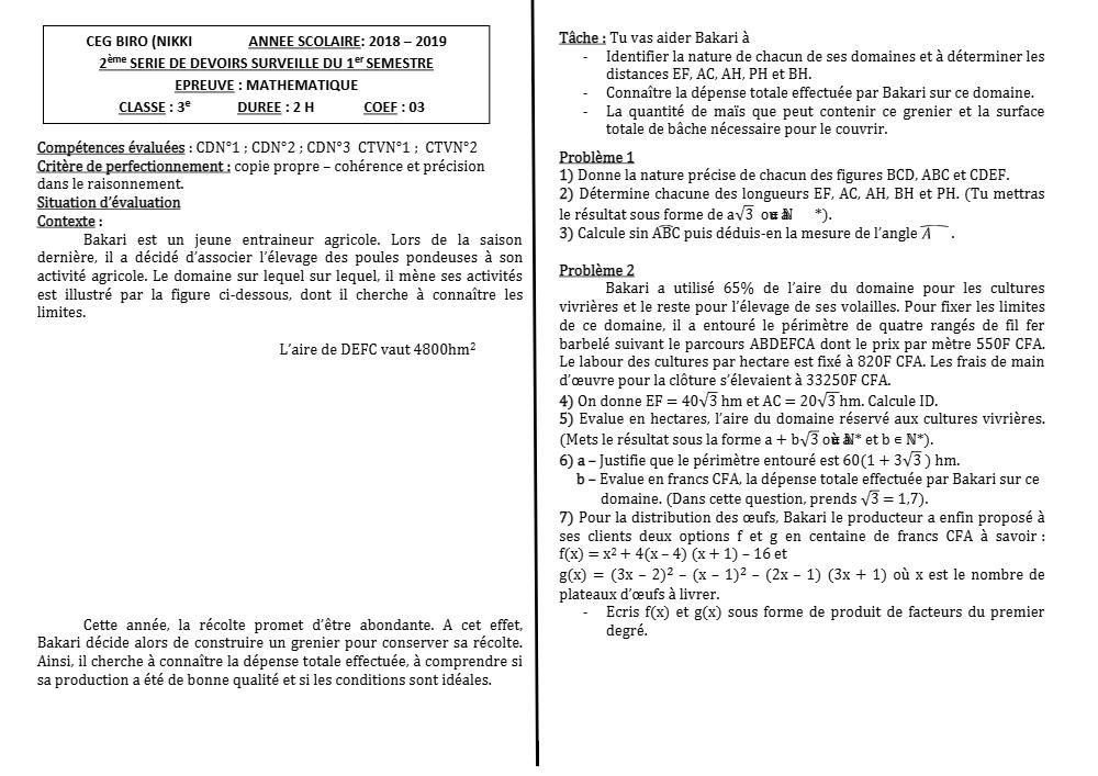Aperçu de la première page — 3ème Mathématiques 2ème Devoir 1er Semestre CEG Biro 2018 2019