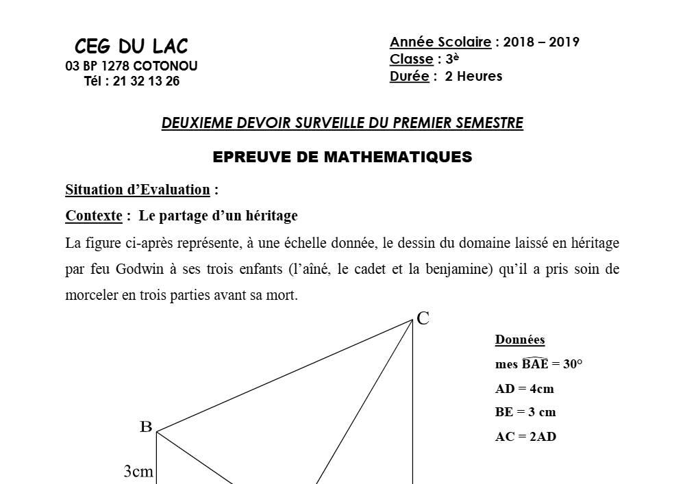 Aperçu de la première page — 3ème Mathématiques 2ème Devoir 1er Semestre CEG du Lac 2018 2019