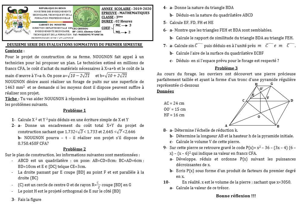 Aperçu de la première page — 3ème Mathématiques 2ème Devoir 1er Semestre CEG Gbessou 2019 2020
