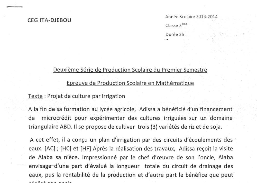 Aperçu de la première page — 3ème Mathématiques 2ème Devoir 1er Semestre CEG Ita Djebou 2013 2014
