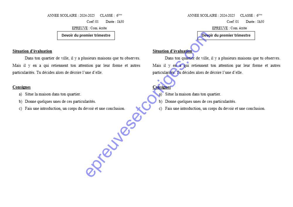 Aperçu de la première page — Epreuve devoir surveillé du 1er trimestre communication ecrite 6ème 2024 2025
