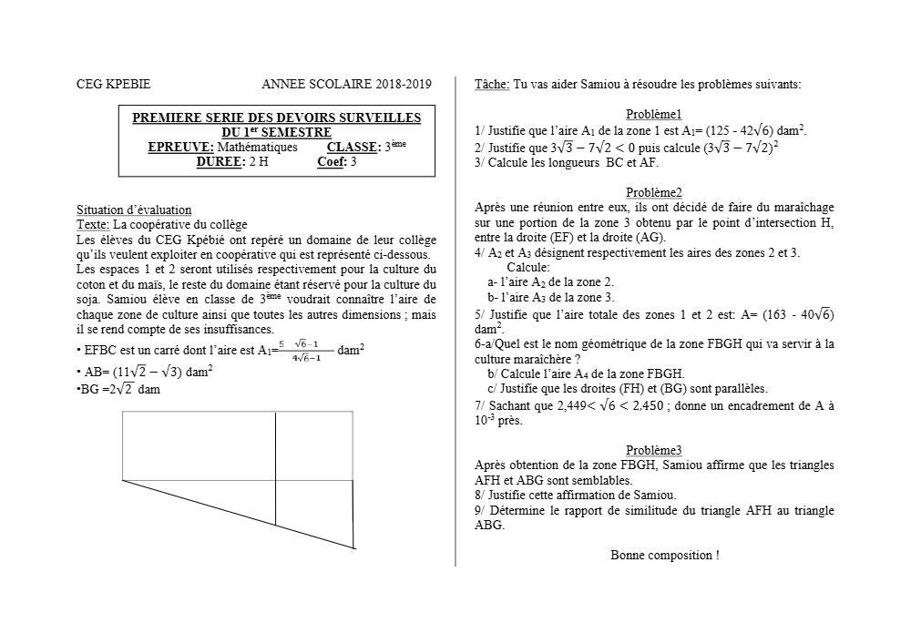 Aperçu de la première page — 3ème Mathématiques 2ème Devoir 1er Semestre CEG Kpebie 2018 2019