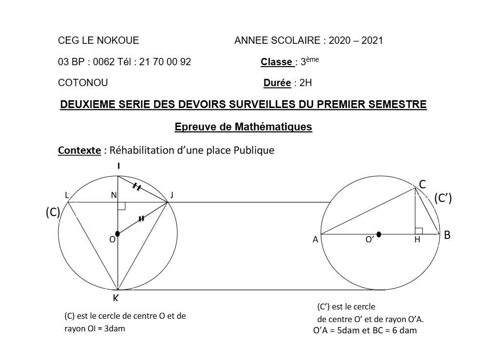 Aperçu de la première page — 3ème Mathématiques 2ème Devoir 1er Semestre CEG Le Nokoué 2020 2021