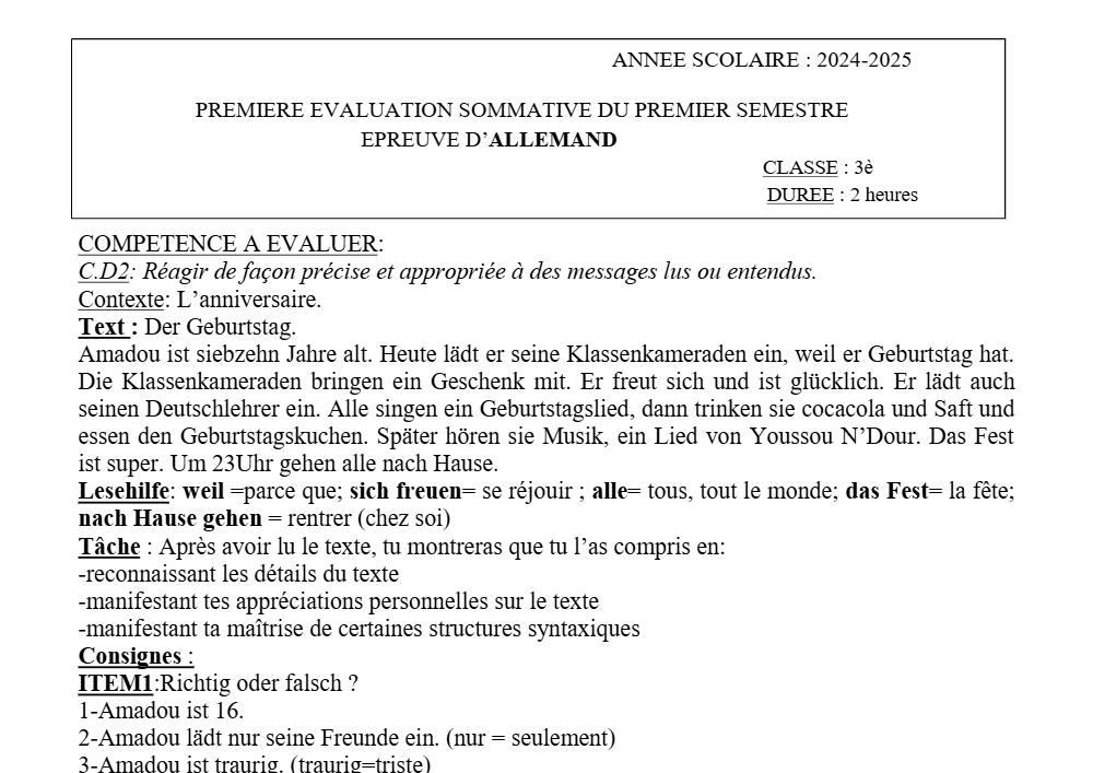 Aperçu de la première page — 3ème Allemand 1er Devoir 1er Semestre Annee Scolaire CEG Novembre 2024