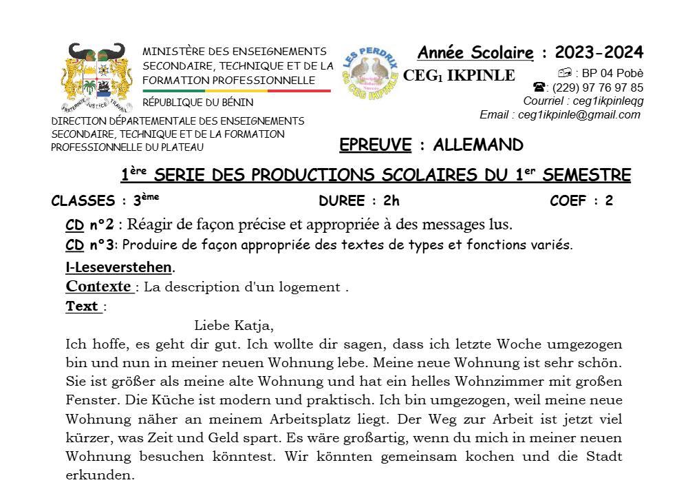 Aperçu de la première page — 3ème Allemand 1er Devoir 1er Semestre CEG1 Ikpinlè 2023 2024