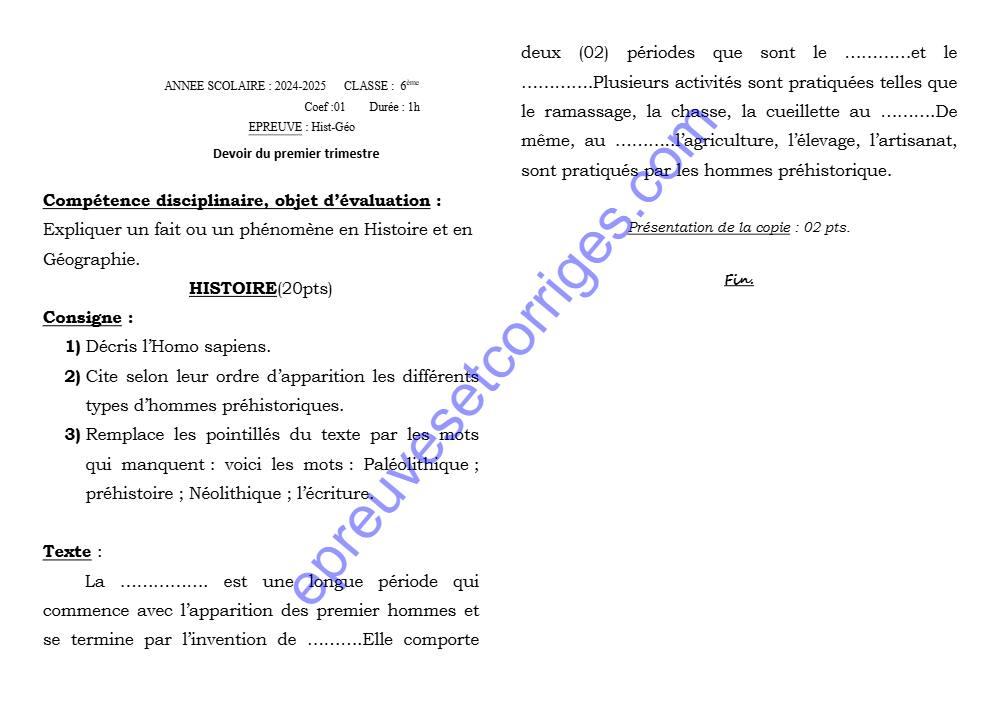 Aperçu de la première page — Epreuve devoir surveillé du 1er trimestre histoire geographie 6ème 2024 2025