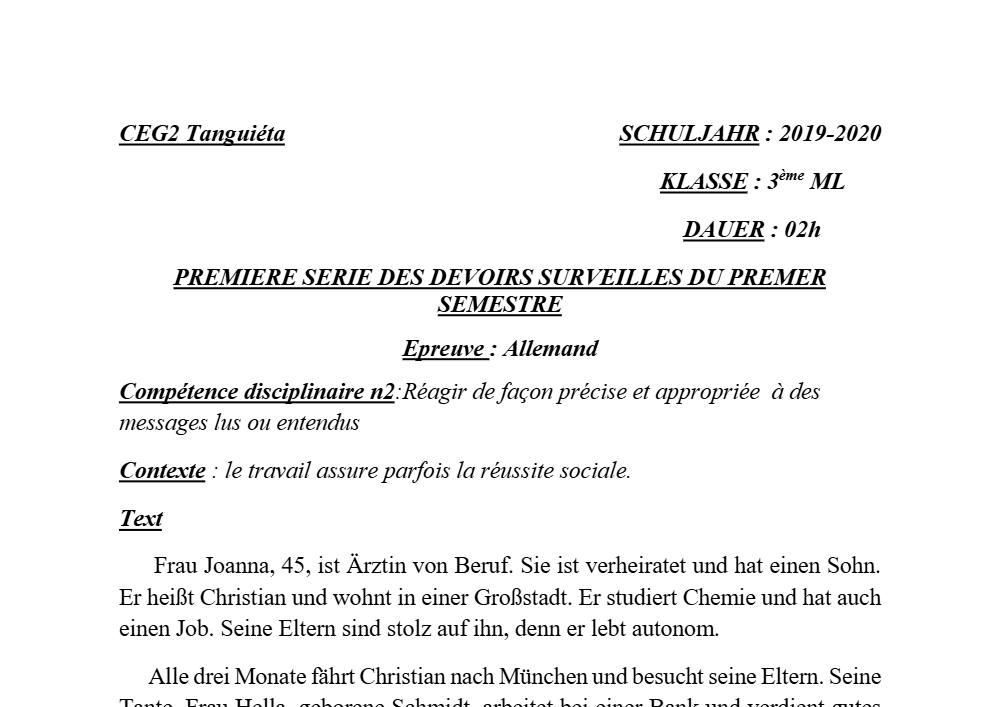 Aperçu de la première page — 3ème Allemand 1er Devoir 1er Semestre CEG2 Tanguieta 2019 2020