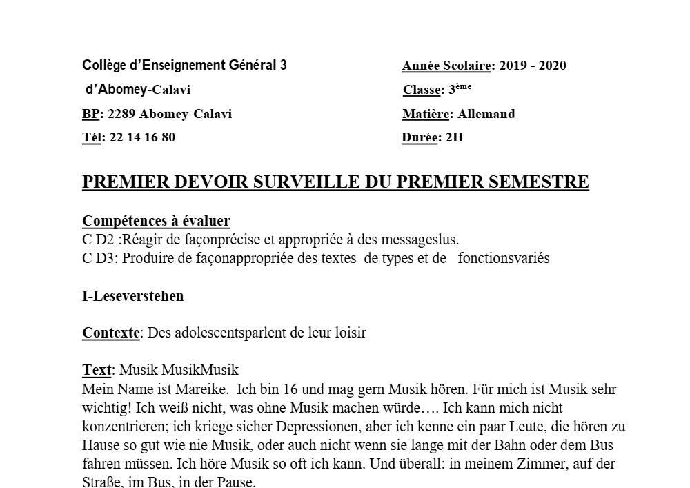 Aperçu de la première page — 3ème Allemand 1er Devoir 1er Semestre CEG3 Abomey Calavi 2019 2020