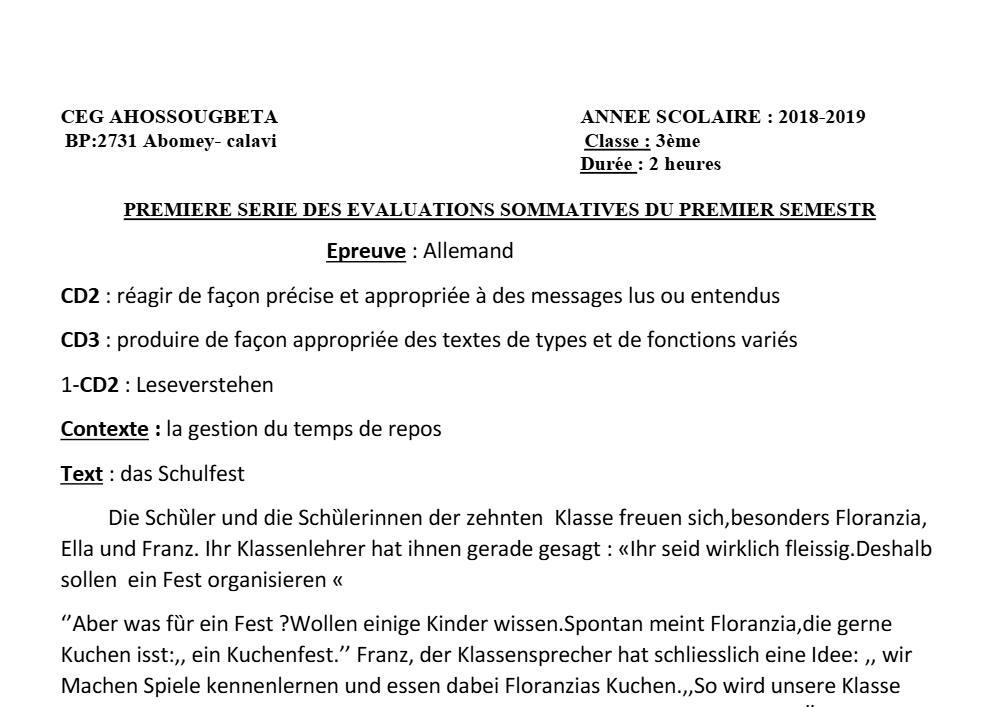 Aperçu de la première page — 3ème Allemand 1er Devoir 1er Semestre CEG Ahossougbéta 2018 2019