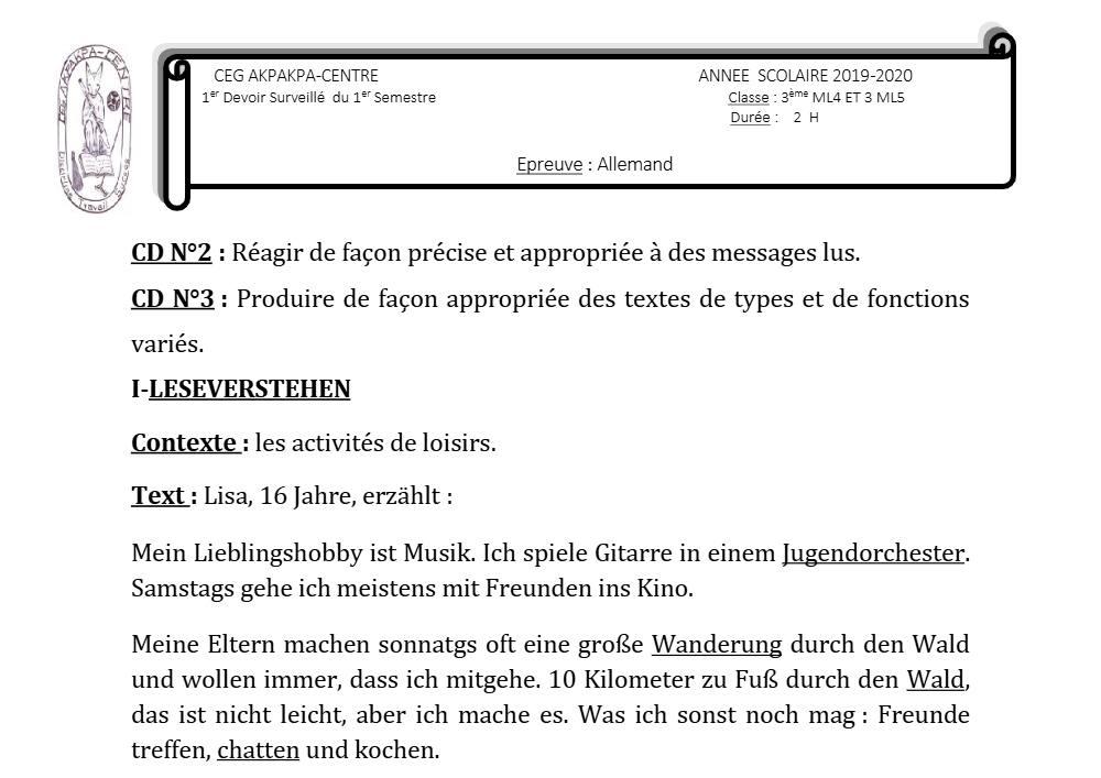 Aperçu de la première page — 3ème Allemand 1er Devoir 1er Semestre CEG Akpakpa 2019 2020