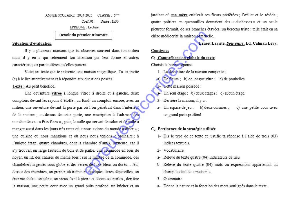 Aperçu de la première page — Epreuve devoir surveillé du 1er trimestre lecture 6ème 2024 2025