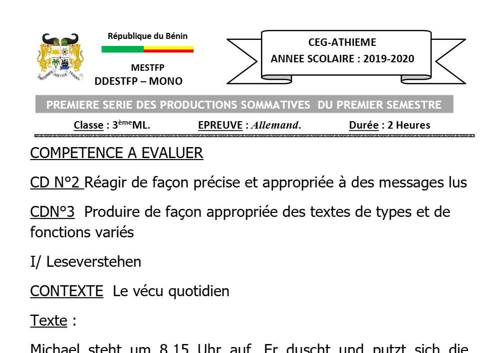 Aperçu de la première page — 3ème Allemand 1er Devoir 1er Semestre CEG Athieme 2019 2020