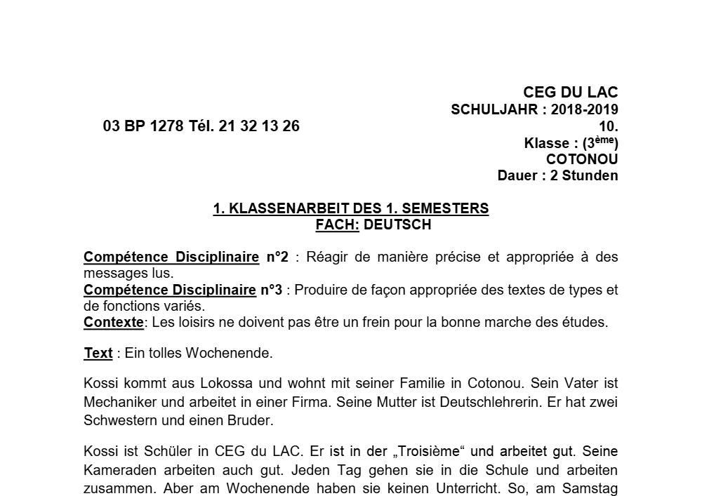 Aperçu de la première page — 3ème Allemand 1er Devoir 1er Semestre CEG du Lac 2018 2019