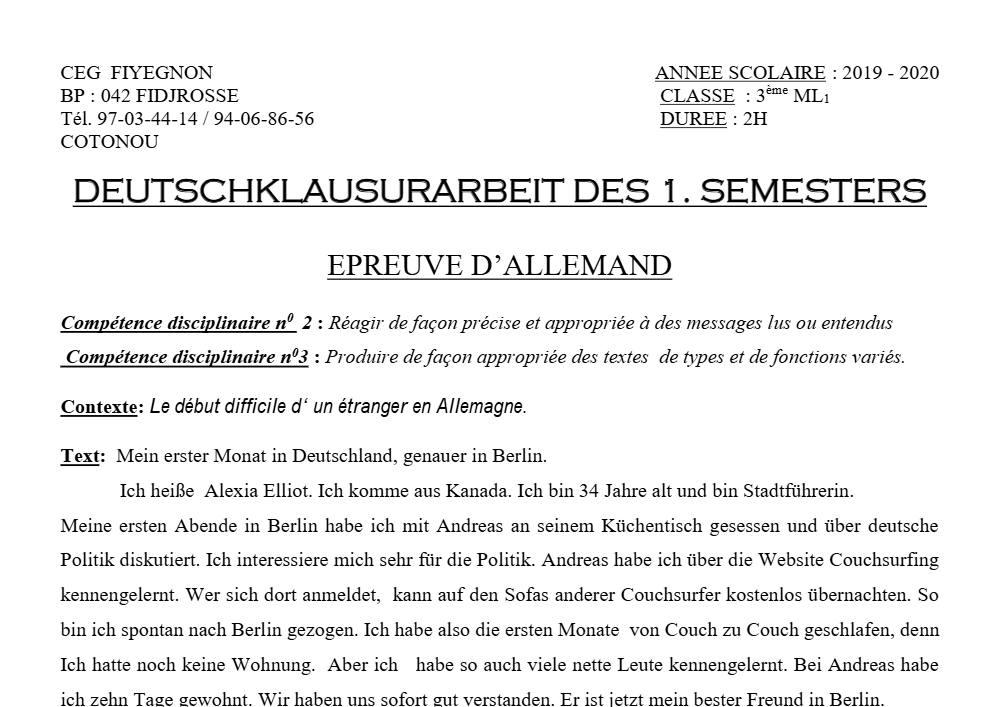 Aperçu de la première page — 3ème Allemand 1er Devoir 1er Semestre CEG Fiyegnon 2019 2020