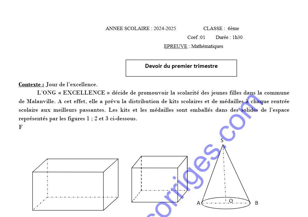 Aperçu de la première page — Epreuve devoir surveillé du 1er trimestre mathematiques 6ème 2024 2025