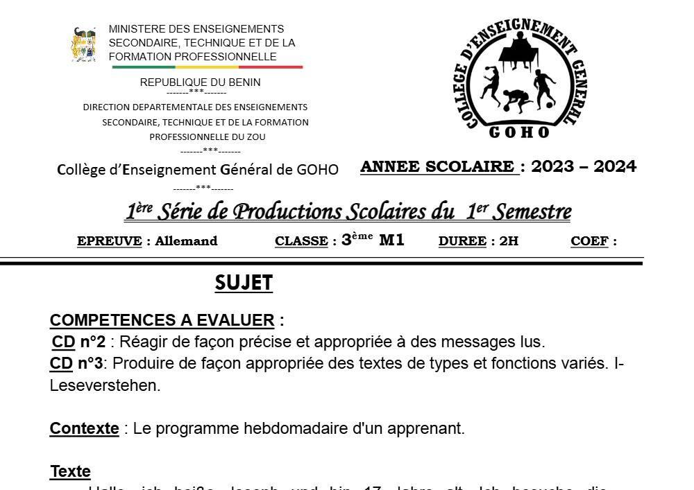 Aperçu de la première page — 3ème Allemand 1er Devoir 1er Semestre CEG Goho Abomey 2023 2024