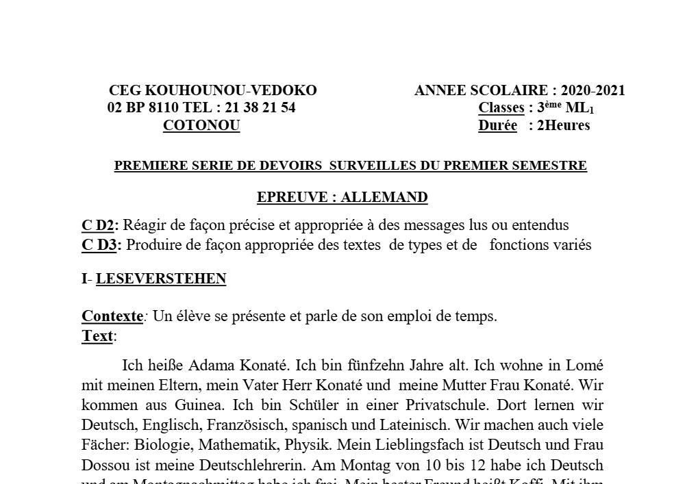 Aperçu de la première page — 3ème Allemand 1er Devoir 1er Semestre CEG K Vedoko 2020 2021