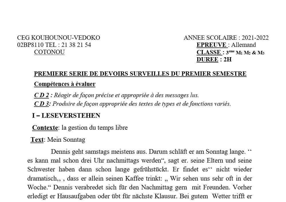 Aperçu de la première page — 3ème Allemand 1er Devoir 1er Semestre CEG Kouhounou Vedoko 2021 2022