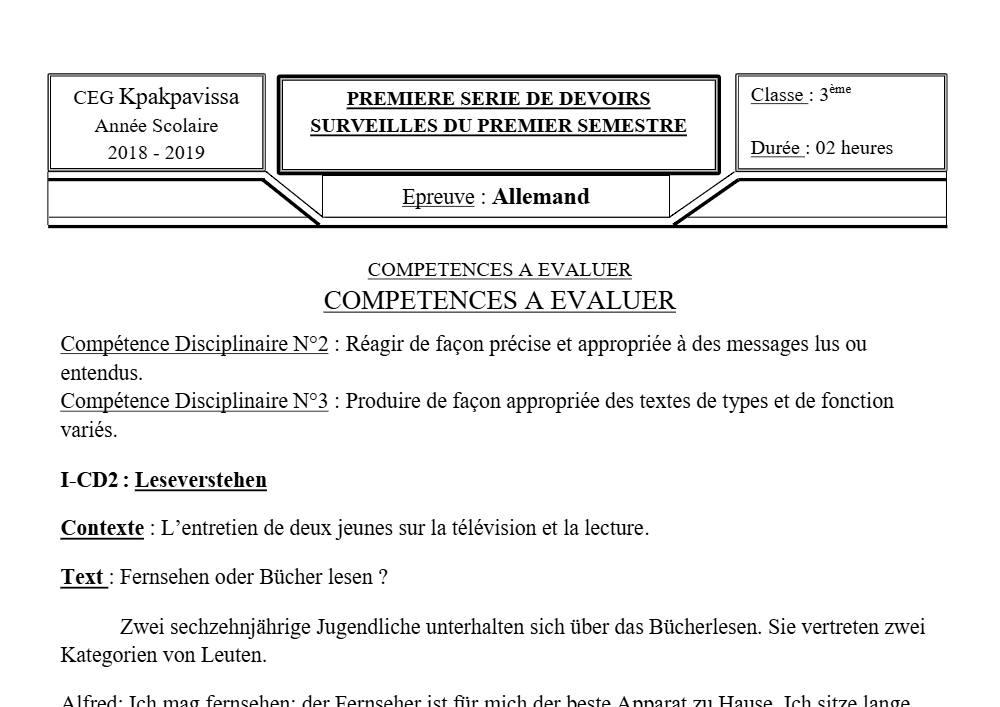 Aperçu de la première page — 3ème Allemand 1er Devoir 1er Semestre CEG Kpakpavissa 2018 2019
