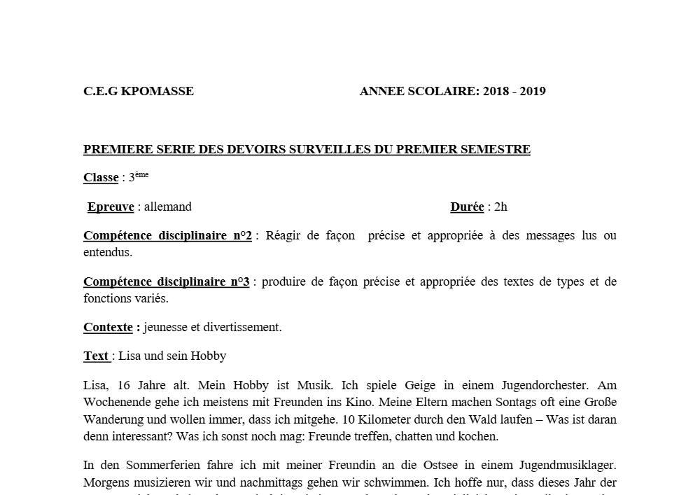 Aperçu de la première page — 3ème Allemand 1er Devoir 1er Semestre CEG Kpomasse 2018 2019