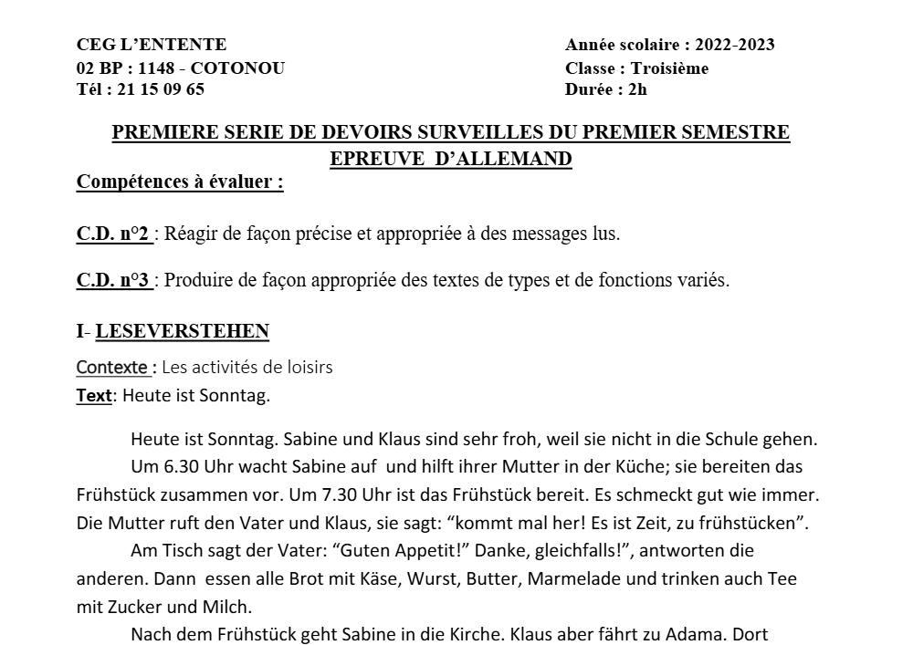 Aperçu de la première page — 3ème Allemand 1er Devoir 1er Semestre CEG L'Entente 2022 2023
