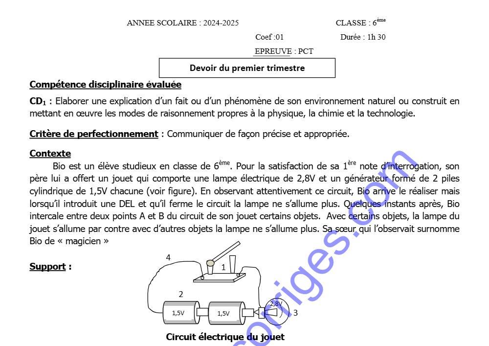 Aperçu de la première page — Epreuve devoir surveillé du 1er trimestre pct 6ème 2024 2025
