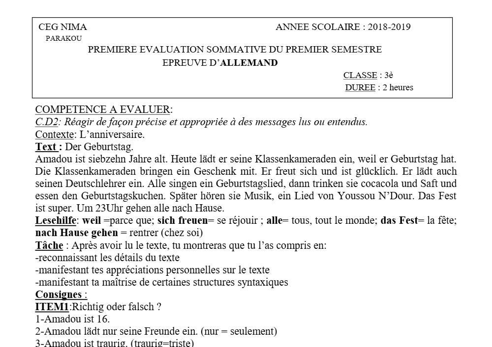 Aperçu de la première page — 3ème Allemand 1er Devoir 1er Semestre CEG Nima 2018 2019