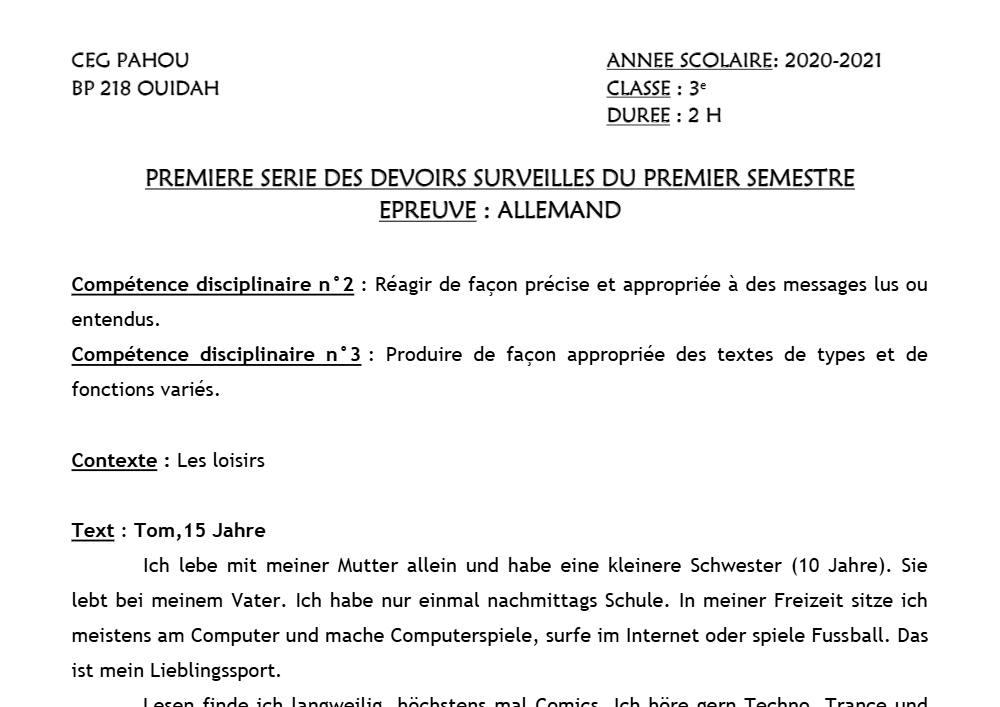 Aperçu de la première page — 3ème Allemand 1er Devoir 1er Semestre CEG Pahou 2020 2021