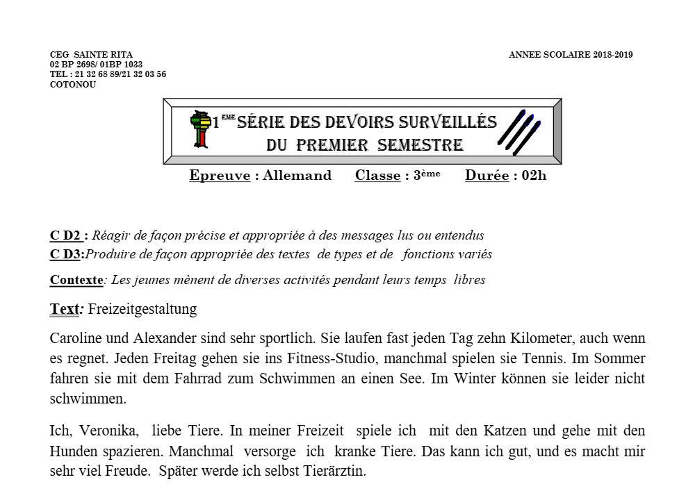 Aperçu de la première page — 3ème Allemand 1er Devoir 1er Semestre CEG Sainte Rita 2018 2019