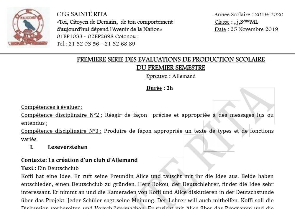 Aperçu de la première page — 3ème Allemand 1er Devoir 1er Semestre CEG Sainte Rita 2019 2020