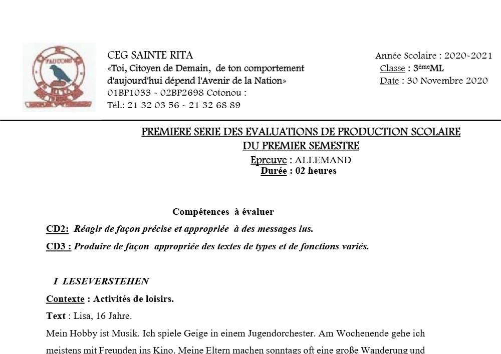 Aperçu de la première page — 3ème Allemand 1er Devoir 1er Semestre CEG Sainte Rita 2020 2021