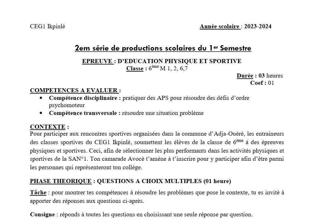 Aperçu de la première page — EPS 6EME 2EME DEVOIR DU 1ER SEMESTRE 2023 2024 CEG1 IKPINLE