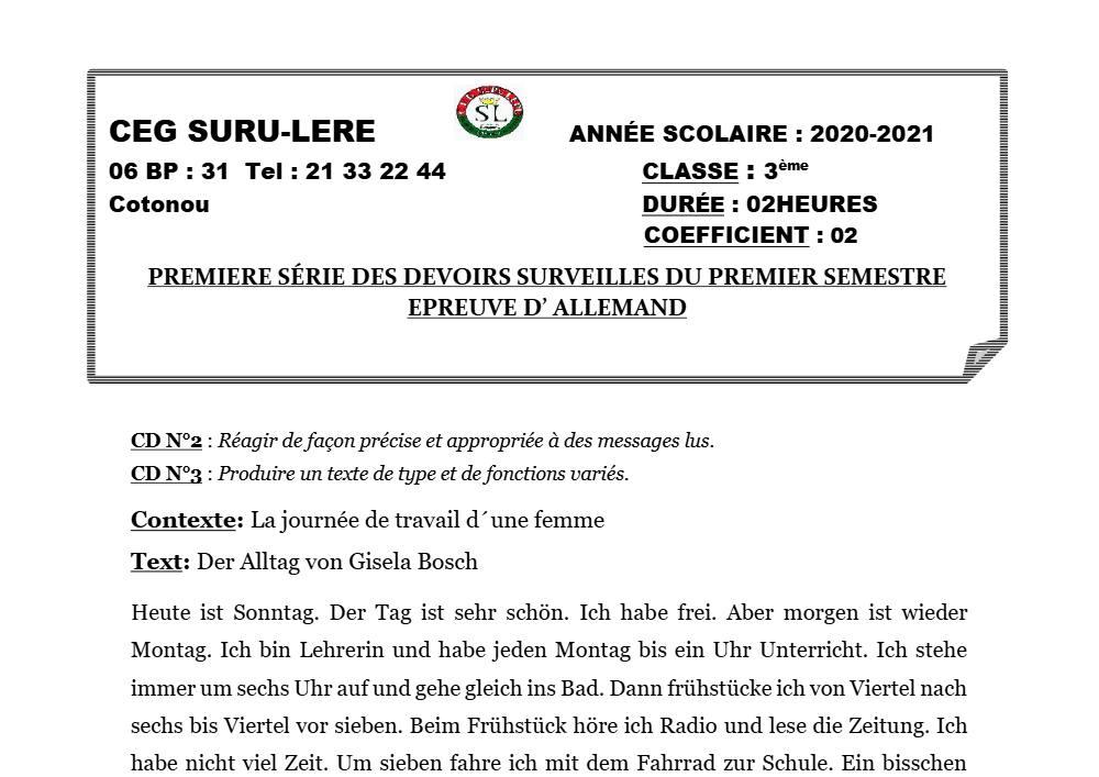 Aperçu de la première page — 3ème Allemand 1er Devoir 1er Semestre CEG Suru Léré 2020 2021