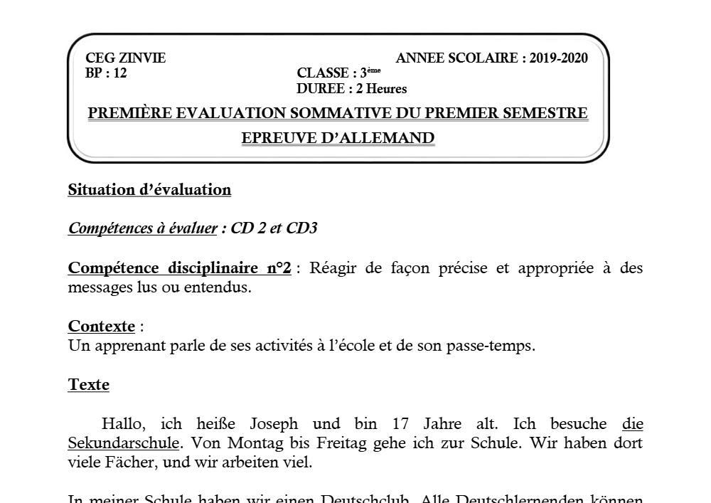 Aperçu de la première page — 3ème Allemand 1er Devoir 1er Semestre CEG Zinvié 2019 2020